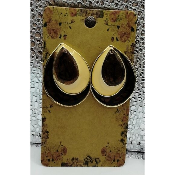 Vintage Teardrop Pierced Post Earrings Gold Brown Beige - Picture 3 of 6